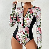 cheap One Pieces Rash Guards-Women's Rash Guard One Piece Swimsuit Floral Printed Front Zip Quick Dry Lightweight Breathable Sleeveless Bodysuit Bathing Suit Surfing Beach Water Sports Summer