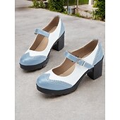 olcso Block Heels-női kék-fehér mary jane vaskos sarkú cipő brogue részletekkel, vintage stílusú kényelmes pumpák irodába, bulikba és mindennapi viseletre