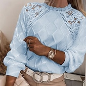cheap Solid Colors-Women&#039;s Lace Splicing Top Plain Fashion Modern Casual Long Sleeve Turtleneck Regular Tops Daily Weekend Lace Patchwork White Blue Spring Fall