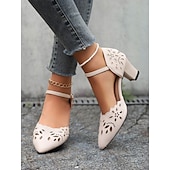 Χαμηλού Κόστους Block Heels-γυναικείες μπεζ φλοράλ κομμένες κούπες με τακούνι με λουράκι στον αστράγαλο - κομψά παπούτσια φορέματος για δουλειά, γάμους και πάρτι