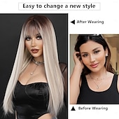 economico Parrucche trendy sintetiche-parrucca lunga e dritta con frangia parrucca parrucca sintetica resistente al calore con radici scure crea parrucche dall&#039;aspetto naturale per le donne parrucca da festa cosplay e per uso quotidiano