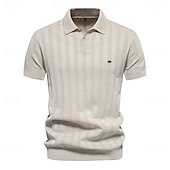 cheap Men&#039;s Elite Polo-Men&#039;s Business Casual Lapel Button Short Sleeve Vintage Fashion Solid Color Vertical Stripes Buttons All Seasons Black Bronze Light Grey Beige