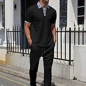 billiga Basic Tees-set för män-Herr Våffelskjorta Polo T-shirts Byxuppsättningar Långärmad Fjärdedels blixtlås Ensfärgat Stickat Mode Ficka Hem Kontor / Karriär Gata Svart Elfenben Blå Topp t-shirt för män