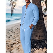 Χαμηλού Κόστους Σετ ανδρικών πουκάμισων βασικών-Ανδρικά Πουκάμισο Guayabera 2 Κομμάτια Σετ πουκαμίσου Ταίριασμα σετ Casual πουκάμισο Σκέτο Διακοπές Εξόδου Μαύρο Λευκό Μπλε Απαλό Μακρυμάνικο Όρθιος γιακάς Ανοιξη καλοκαίρι Ρούχα Μπροστινή τσέπη