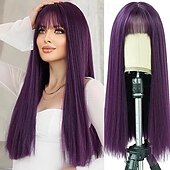 economico Parrucche trendy sintetiche-parrucca lunga e dritta con frangia parrucca parrucca sintetica resistente al calore con radici scure crea parrucche dall&#039;aspetto naturale per le donne parrucca da festa cosplay e per uso quotidiano