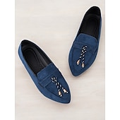 abordables Chaussures sans lacet et mocassins femme-mocassins à pampilles en daim bleu pour femmes – chaussures à enfiler à bout pointu pour une tenue décontractée et formelle