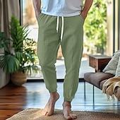 baratos Lar-Homens Calças de linho Calças Calça verão Cintura elástica Perna reta Ascensão alta Côr Sólida Conforto Respirável Comprimento total Casa Simples Casual Preto Branco Sem Elasticidade