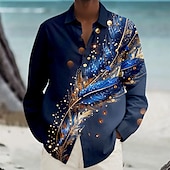 preiswerte Bedruckte Herrenhemden-Herren Feder Hawaiihemd Sommerhemd Knopfhemd Aloha-Shirt Langarm Hawaiianisch Urlaub Frühling Herbst Umlegekragen Knopf hoch Violett Blau Grün Pfauenblau
