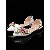 tanie Półformalny-damskie białe, kwiatowe, płaskie buty ślubne z paskiem przy kostce - eleganckie buty ślubne na śluby i ceremonie w ogrodzie