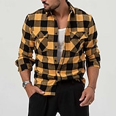 cheap Men&#039;s Shirt Jacket-Men&#039;s Shirt Summer Shirt Casual Shirt Beach Shirt Button Up Shirt Overshirt Yellow Blue Long Sleeve Plaid Lapel Vacation Hawaiian Button-Down Clothing Apparel Fashion Casual Comfortable