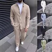 billiga Basic skjortor för män-Herr 2 delar Skjorta set Matchande set Casual skjorta Knapp upp skjorta Svart Vit Blå Grön Khaki grön Långärmad Slät Bandkrage Semester Dagligen Kläder Mode Ledigt