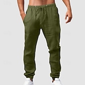 baratos Clássico-Homens Calças de linho Calças Calça verão Calças de gaze Com Cordão Cintura elástica Bolso frontal Tecido Conforto Respirável Comprimento total Casual Diário Feriado Moda Estilo Clássico ダークカーキ Preto