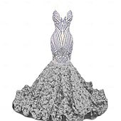 preiswerte SCHWARZ-Meerjungfrau  Trompeten-Abendkleid Elegantes Kleid Abendparty Abschlussball Gericht Zug Ärmellos V-Ausschnitt Afroamerikaner Pailletten mit Pailletten
