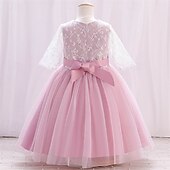 billige Blomsterkjoler-Blomsterpikekjole Barn Jente Prinsesse kjole Ytelse Bryllup Fest Elegant Vakker Netting Helfarge Kortermet Crew-hals Rosa 4 år +