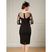 economico Lunghezza del tè-Abito Sheath  Colonna Abito per la Madre della Sposa Elegante Collo Illusione Lunghezza al Ginocchio Corto  Mini Tessuto in Pizzo Elasticizzato Manica Mezza con Perline Ricamate Abito da Corsa