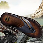 cheap Outdoor Sandals-Men&#039;s Vintage Faux Leather Flip-Flops – Casual Summer Sandals with Braided Strap for Beach and Outdoor Wear