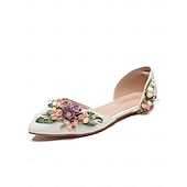 tanie Półformalny-damskie białe, kwiatowe, płaskie buty ślubne z paskiem przy kostce - eleganckie buty ślubne na śluby i ceremonie w ogrodzie