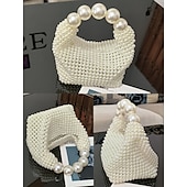 economico Clutch e borsette da sera-borsa da donna con perline finte e grande manico in perle, elegante pochette da sera per matrimoni, feste ed eventi formali nero argento beige