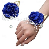 ieftine Plante și flori artificiale-Pachet de 2 set de butoniere pentru încheietura mâinii, trandafir artificial, floare de mătase lucrată manual, pentru flori de nuntă, accesorii, decor costum de bal