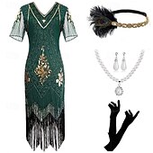 cheap Outfits-Retro Vintage Roaring 20s 1920s Flapper Dress Outfits Accessories Set The Great Gatsby Wedding Guest Sequins Tassel Fringe Sequin Tassel V Neck Women&#039;s Halloween Carnival Masquerade Carnival Party
