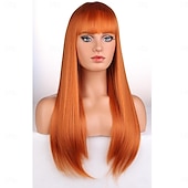 billige Syntetiske trendy parykker-mørk oransje parykk for kvinner lang rett rød kobberparykk med smell ingefær kastanjebrunt hår parykker syntetisk varmebestandig fiber halloween cosplay kostyme daglig festbruk