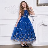 levne Párty šaty-Děti Dívčí Šaty na párty Květinový Bez rukávů Výkon Narozeniny Síťka Kravatový uzel Krásná Sladký Polyester Maxi Šaty na párty Swingové šaty Áčkové šaty Léto 4 roky + Šampaňská Vodní modrá Trávov
