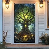 billige Garasje- og dørbanner-livets tre dørdeksler veggmaleri dekor dør billedvev dør gardin dekorasjon bakteppe dør banner avtakbar for inngangsdør innendørs utendørs hjemme rom dekorasjon gårdshus dekor forsyninger