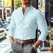 cheap Business Casual-Men&#039;s Shirt Band Collar Shirt Summer Shirt Dress Shirt Button Up Shirt Solid Color Work Wear to work Black White Pink Blue Long Sleeve Collar Clothing Apparel