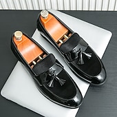 cheap Semi-Formal-Men&#039;s Black Patent Faux Leather Tassel Loafers – Velvet Accent Slip-On Dress Shoes for Wedding and Formal Wear