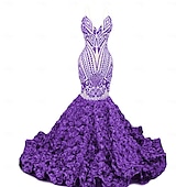 preiswerte SCHWARZ-Meerjungfrau  Trompeten-Abendkleid Elegantes Kleid Abendparty Abschlussball Gericht Zug Ärmellos V-Ausschnitt Afroamerikaner Pailletten mit Pailletten