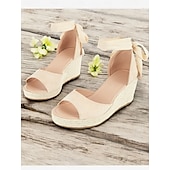 cheap Vacation Sandals-Women&#039;s Beige Espadrille Wedge Sandals with Ankle Wrap, Open-Toe Summer Shoes for Beach, Casual, and Vacation Wear
