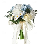 abordables Plantas y Flores Artificiales-Ramos de novia para boda, ramo de novia de flores artificiales de seda azul y blanco con rosas falsas, arreglo floral fresco y único para bodas