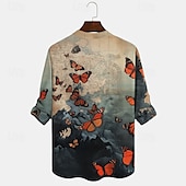 abordables Motif Animal-Homme Papillon Chemise décontractée Chemise boutonnée manche longue Mode Décontractée Casual Printemps Automne Col V Boutons Bleu de minuit