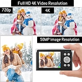 abordables Caméras d&#039;action-Caméscope vidéo numérique 4K 50MP Écran IPS 2,88 pouces Mise au point automatique Zoom 16x Anti-tremblement Détection du visage Capture du sourire