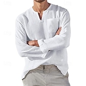 billiga Business Casual-Herr Skjorta linneskjorta Casual skjorta Slät Semester Hawaiisk Svart Vit Grön Aprikos Långärmad V-hals Vår &amp; Höst Kläder Ficka