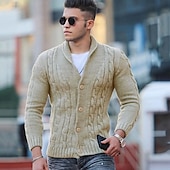 cheap Men&#039;s Cardigan Sweater-Men&#039;s Sweater Cardigan Sweater Fall Sweater Cable Cropped Plain Shawl Collar Fashion Warm Ups Christmas Xmas Clothing Apparel Fall &amp; Winter Wine Red Black S M L