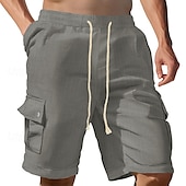 cheap Classic-Men&#039;s Cargo Shorts Linen Shorts Summer Shorts Beach Shorts Drawstring Elastic Waist Multi Pocket Plain Comfort Breathable Knee Length Outdoor Work Daily Classic Style Casual Black White