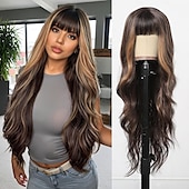 economico Parrucche trendy sintetiche-parrucche per donne parrucche lunghe e ondulate con frangia spessa capelli ricci onde sintetiche fibra resistente al calore uso quotidiano per feste
