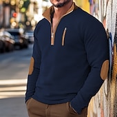 cheap Waffle Knit Tee-Men&#039;s T Shirt Waffle Knit Tee Tee Top Long Sleeve Shirt Long Sleeve Quarter Zip Spring &amp;  Fall Color Block Fashion Designer Basic Patchwork Zipper Vacation Street Going out Black Navy Blue khaki Top