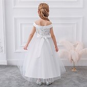 billige Blomsterkjoler-Blomsterpikekjole Barn Jente Prinsesse kjole Ytelse Bryllup Fest Elegant Vakker Netting Helfarge Ermeløs Løse skuldre Hvit Champagne 4 år +