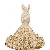 preiswerte SCHWARZ-Meerjungfrau  Trompeten-Abendkleid Elegantes Kleid Abendparty Abschlussball Gericht Zug Ärmellos V-Ausschnitt Afroamerikaner Pailletten mit Pailletten