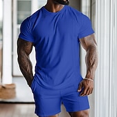 cheap Men's Basic Tees sets-Men's Waffle Shirt 2 Piece T-shirt Suits Tee Short Sleeve Short Pant Crew Neck Spring &amp; Summer Plain Fashion Designer Basic 2 Piece Vacation Street Going out Black White Gray Top Tee for Men
