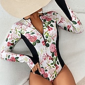 cheap One Pieces Rash Guards-Women's Rash Guard One Piece Swimsuit Floral Printed Front Zip Quick Dry Lightweight Breathable Sleeveless Bodysuit Bathing Suit Surfing Beach Water Sports Summer