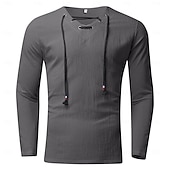 ieftine Tricouri din bumbac și in-Bărbați Cămașă de in Tricouri Tricou cu maneca lunga Manșon Lung În V Primăvara &amp; toamnă Culoare solidă Casual Cu Șiret Vacanță homewear Alb Top tricou pentru bărbați