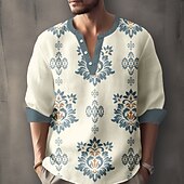 ieftine Model etnic-Bărbați Florale Cămașă casual Camașă cu nasturi Manșon Lung Moda Casual Casual Vară Primăvară În V Nasturi Decolteu în V Albastru piscină