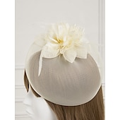 cheap Fascinators-White Wedding Fascinator Tulle Beaded Organza Fascinators Hats Headwear Clip Vintage Elegant with  Feathers Fur Flower 1 Piece Kentucky Horse Race Tea Party Ladies Day Headpiece