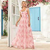 olcso Esküvői vendégruhák-A-vonalú esküvői vendégruha elegáns ruha partira születésnapra földig érő ujjatlan spaghetti pántos rózsaszín ruhával chiffon hát nélküli virágmintával