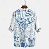cheap Ethnic Pattern-Men&#039;s Florals Casual Shirt Button Up Shirt Aloha Shirt Long Sleeve Fashion Casual Casual Summer Spring V Neck V Neck Blue