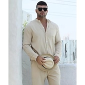 economico Set di camicie basic da uomo-Per uomo camicia di lino 2 pezzi Completo di camicia Camicia estiva Set abbinati Camicia da spiaggia Liscio Da mare Informale Nero Bianco Blu Cachi Manica lunga A fascia Primavera estate Abbigliamento