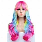 economico Parrucche di Carnevale-parrucche arcobaleno ombre parrucca lunga e ondulata per donne con frangia costume ombre colorato parrucche sintetiche resistenti al calore per carnevale